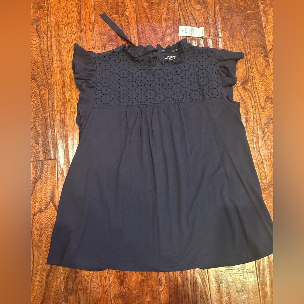 LOFT cotton tie back keyhole Navy Eyelet ruffled collar soft babydoll Blouse NWT